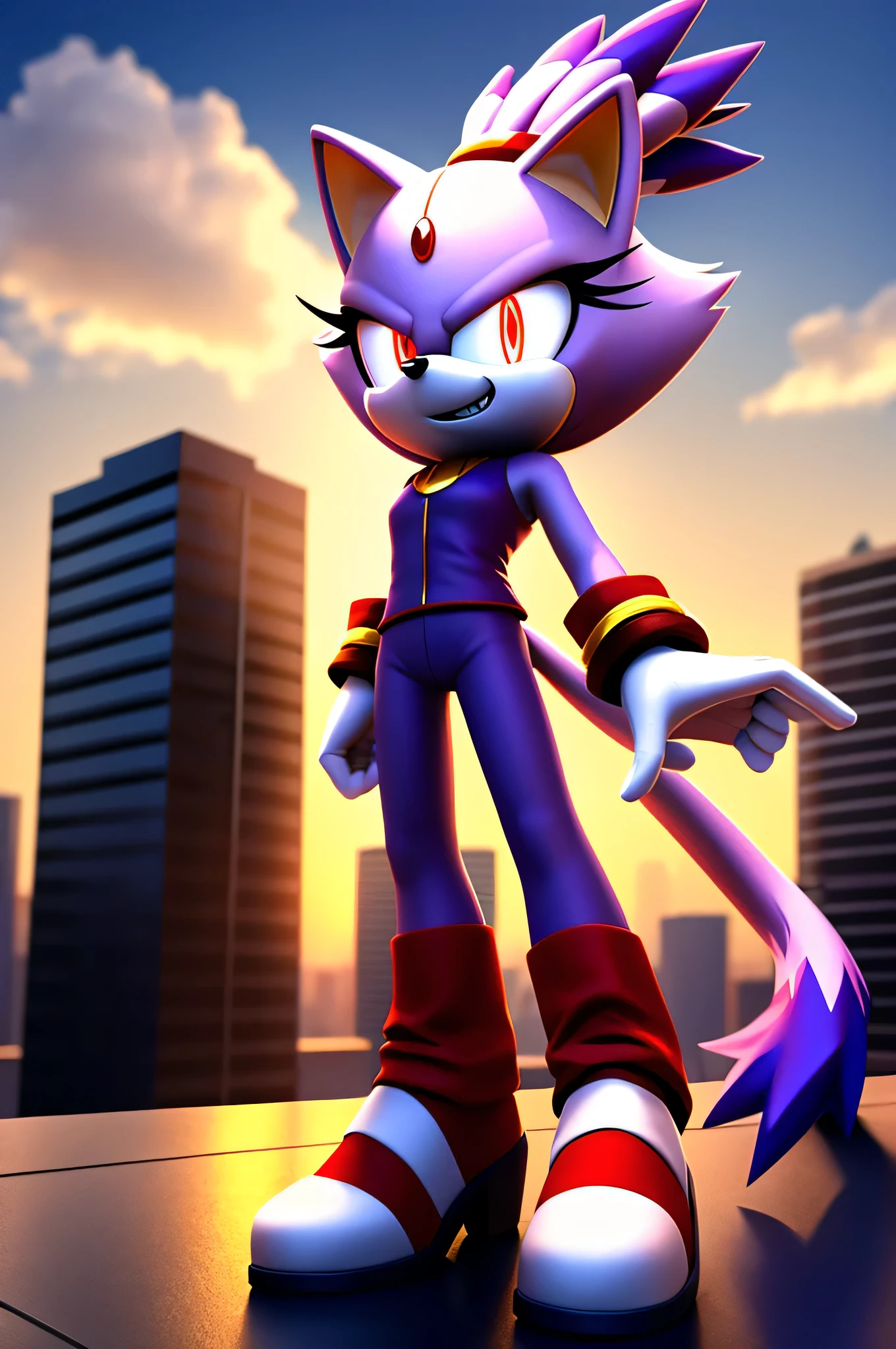 blaze the cat, tall character, intimidating height, villainous stance, triumphant pose, black eyes with red glowing pupils, big evil grin, evil laughter, reveling in evil laughter, standing on a skyscraper roof, cloudy night, high quality digital art