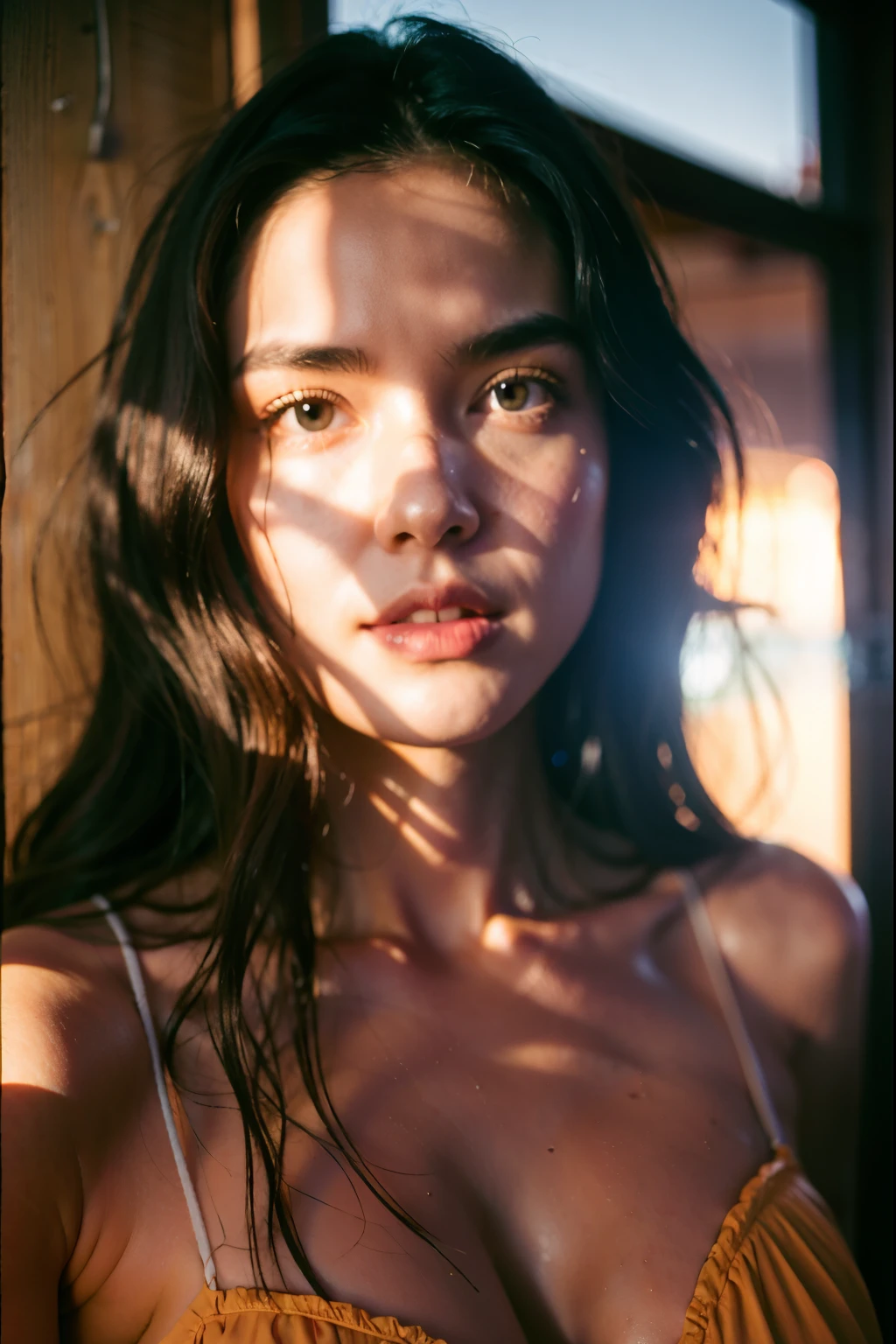 hyperrealistic photo, beautiful girl model in beachwear, photo on iphone 14 in mirror, long dark hair, cozy bright room :: film grain, Kodak portra 800, f1.8, golden hour --ar 2:3