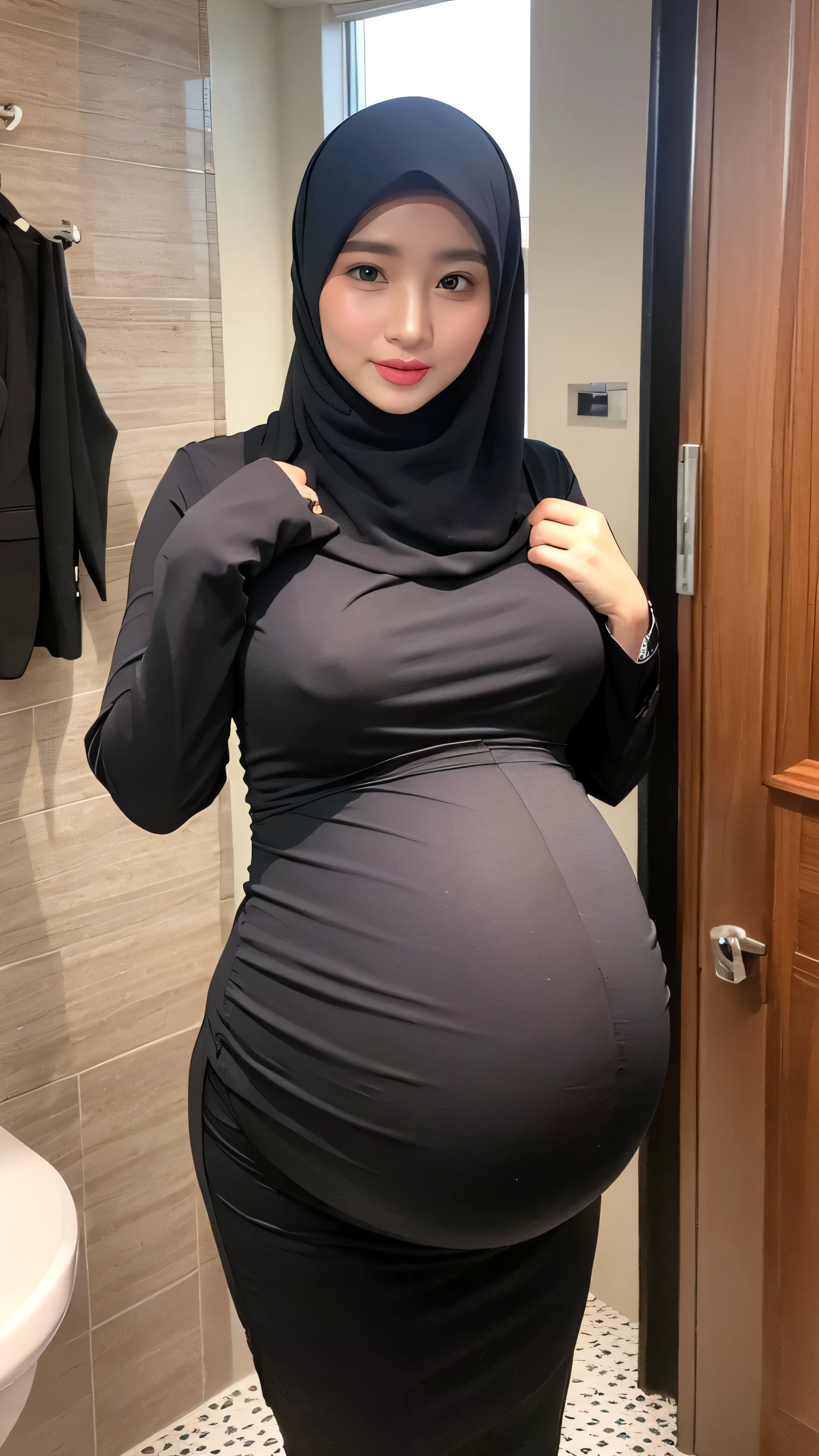 ((Best quality, 8k, bathroom, low pov, tight office formal suit, Masterpiece :1.3)), 1girl, Pretty old mom with slender abs :1.3, (Medium-short hair, huge breasts, huge nipple, areola, curvy body, sweaty, naughty look :1.2), sweaty :1.1, Ultra-detailed face, Detailed eyes, Double eyelid, brown skin, pregnant, long hijab, tight formal hijab