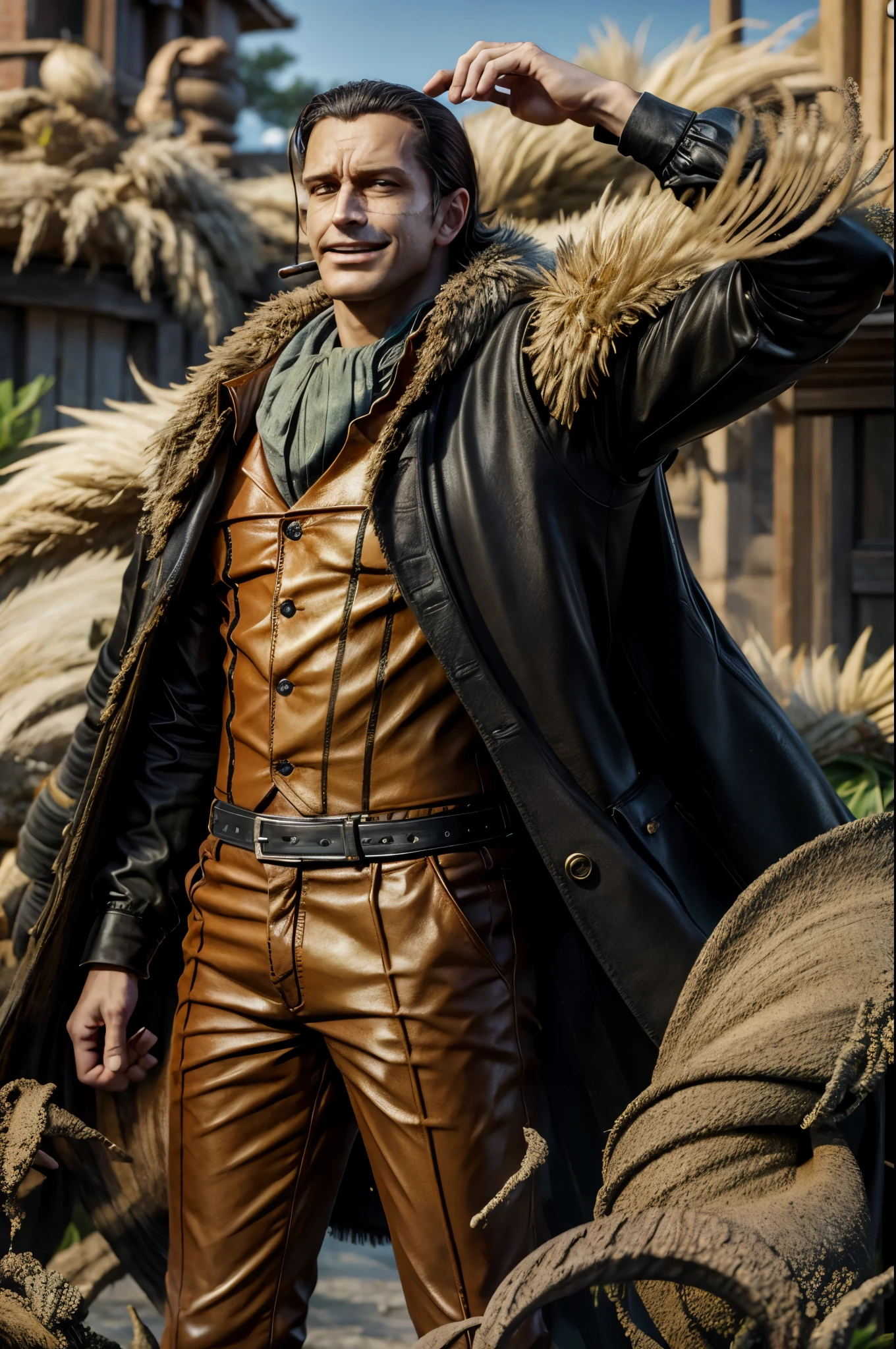 masterpiece, best quality, extremely detailed, hyperrealistic, photorealistic, a cool 40s man, ultra detailed face:1.2, fur-trimmed coat, scarf around the neck, his left hand is a golden pirate hook:1.1, distant view shot, flower garden:1.2, lots of plants, dynamic pose, cigar, sly smile, relaxed