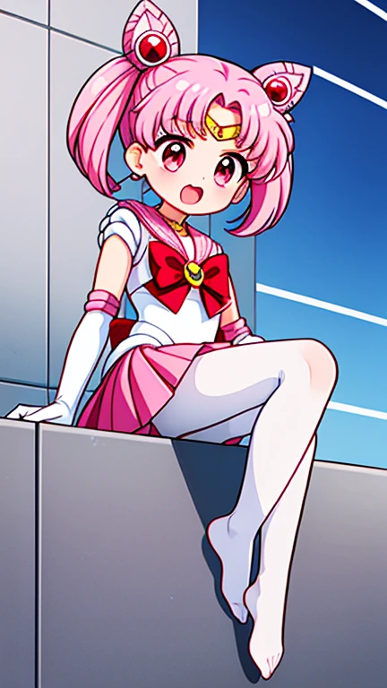 Sailor Moon,young年,Seven years old,cute,(Little Loli),Pink hair twintails,short hair,Sailor Suit,red bow,White elbow gloves,Red Skirt,no shoes,Open your mouth,laughing out loud,Fangs,(White pantyhose),soles of feet,Soles,(young),(The body is small and delicate),sit