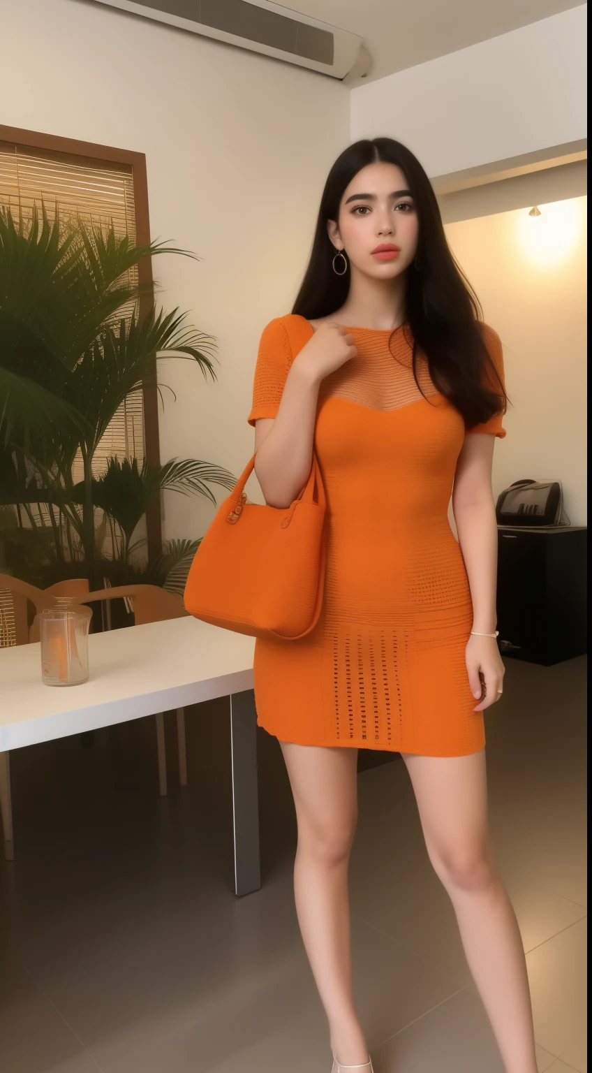 uma foto de corpo inteiro, from afar of an araffe dua lipa girl in a orange tube dress and crochet bag in her hand, em loja de artesanato nordestino, 8k melhor qualidade, Preparando