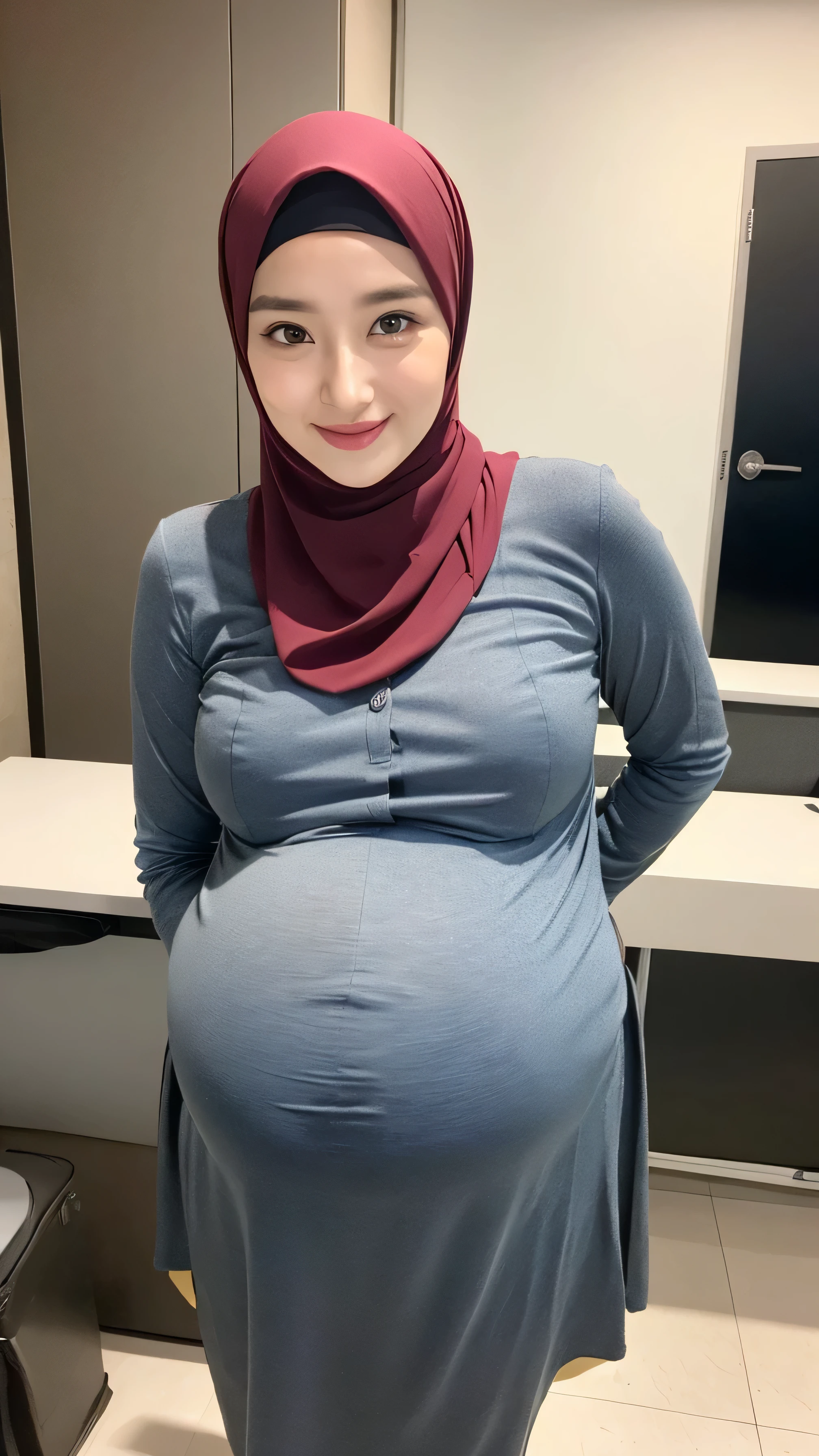 ((Best quality, 8k, bathroom, low pov, tight office formal suit, Masterpiece :1.3)), 1girl, Pretty old mom with slender abs :1.3, (Medium-short hair, huge breasts, huge nipple, areola, curvy body, sweaty, teasing look :1.2), sweaty :1.1, Ultra-detailed face, Detailed eyes, Double eyelid, brown skin, pregnant, long hijab, tight formal hijab, office suit
