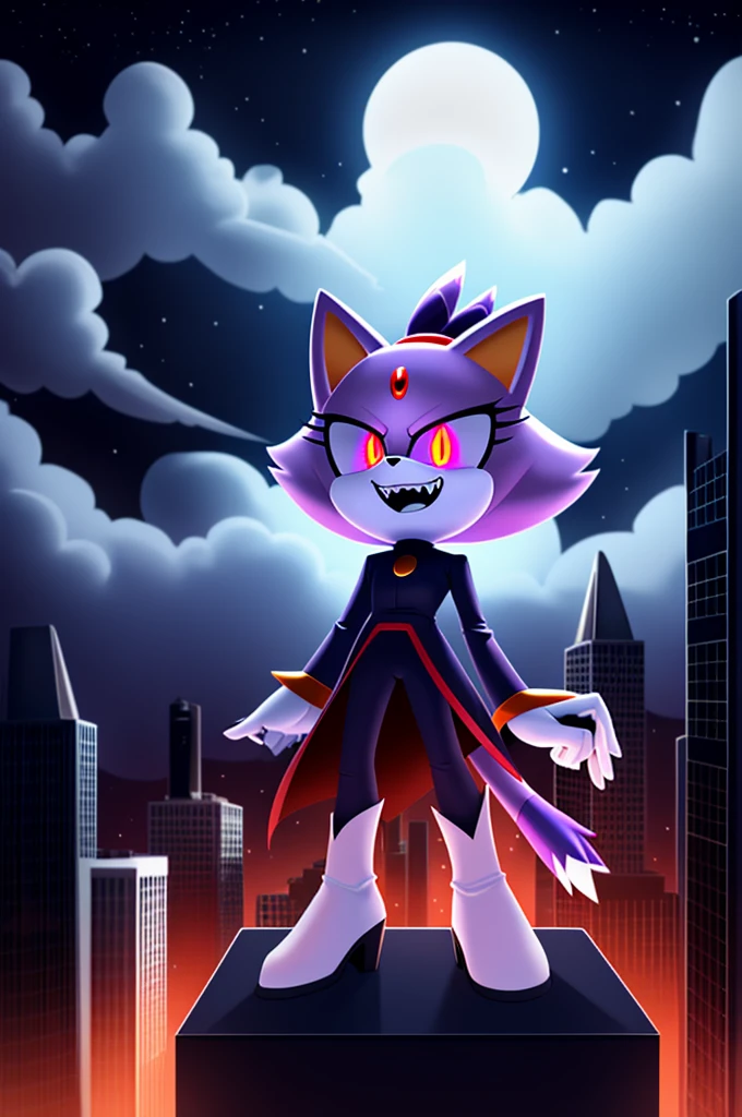 blaze the cat as a ghost demon, tall character, intimidating height, villainous stance, triumphant pose, black eyes with red glowing pupils, big evil grin, evil laughter, reveling in evil laughter, on top of a skyscraper, cloudy night, nighttime, moonlight coming through the clouds, high quality digital art