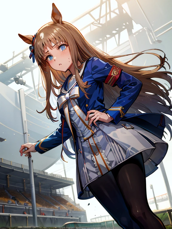 grass wonder \(Umamusume\), 1 girl, Solo, Best Quality, masutepiece, 8K, High resolution, Ultra-detailed, from below, ((dash, sprint)), Blue jacket, White sailor color, Long sleeves, White skirt, Black pantyhose, sweat, ((muddy clothes:1.2)), (((racecourse))),
