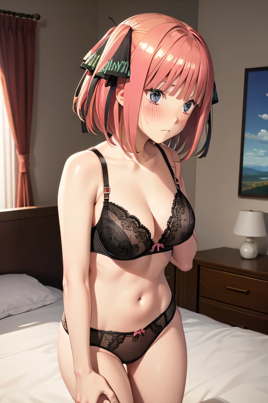 Mastepiece、masterpiece、highest quality、Super detailed、High resolution、8K Portrait、High definition CG of Unity 8k wallpaper、Cute little:1.5、:1.5、Highly detailed CG Unity 8k wallpaper、Realistic、Real person、 Portrait Photography、Shiny skin、High definition、(16 y)、(1 girl)、Beautiful clear eyes、extremely detailed description、Delicate face、Nice lips、Slim body、(thin waist)、Thin legs、(bed room:1.6)、1 Girl, Cute, Perfect Face, seriously, (blush:1.8),(Pink hair bob:1.3),(hair ornaments:1.2),(big breasts:1.3),((black underwear:1.4)),(looking at view),(from front),(disapproval face:1.5)