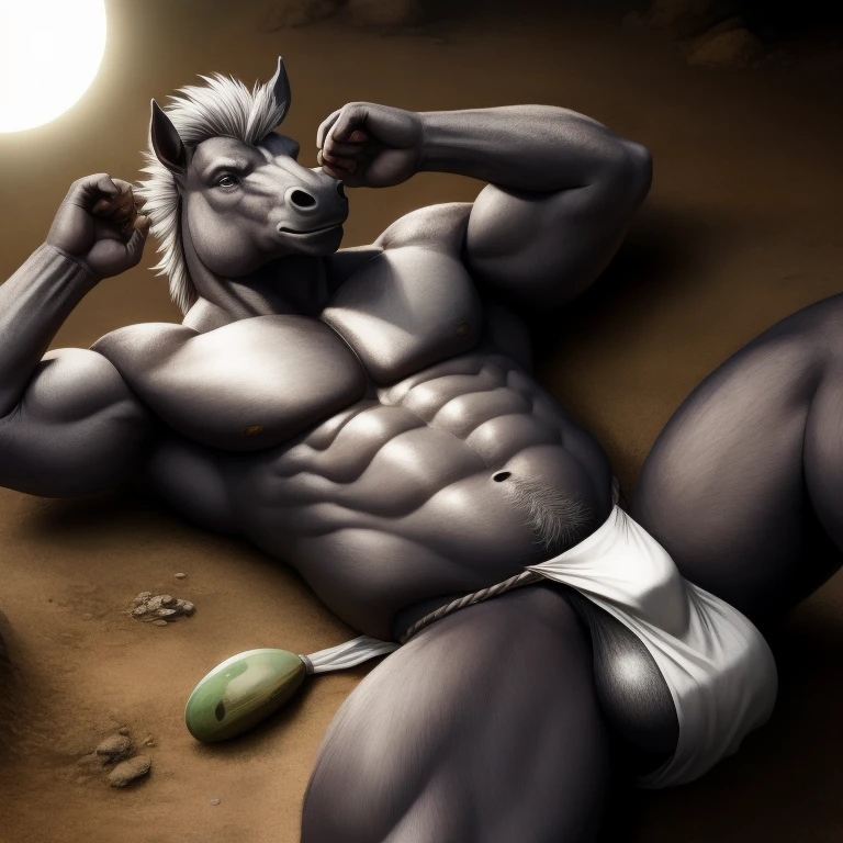 Furry, Antro, [Horse color Gris Plateado Brillante metal] , Lying on your back, [Fundoshi Bulto Male Big], [Fundoshi Blanco ajustado], Solo, [Bulto Male Big], Hooves , Big Balls, Detallado 4k, cuerpo completo, cuerpo furry silver dark, Fonde de Desierto con Eclipse solar Total, Eyes Pupil Marron, Alta resolucion, Silver Hair