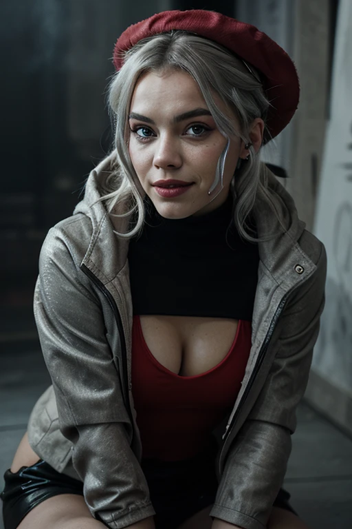 Daisy Ridley is Harley quinn with piercing yellow eyes, a sleek gray coat, and a sly predatory smile. She wears a wide-brimmed red hat, silver hair tumbling down, and tall red boots. Her eyes are accentuated with smokey eye makeup. This striking image is a mesmerizing painting that captures the mysterious allure of the woman's predatory features. Every detail is skillfully rendered, from the intensity of her gaze to the subtle hint of danger in her smile. The high quality of this image immerses viewers in a world where beauty and ferocity coexist.