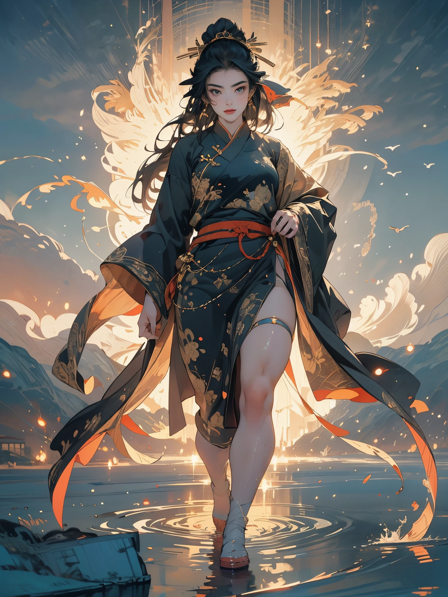 A beautiful Chinese girl standing in the water, misty reflection, a huge divine phoenix bird in the sky, Magia, fantasia, dynamic posture, composto por chamas brilhantes coloridas, rosto delicado, olhos delicados, longos cabelos pretos e dourados, wearing amber and sky blue Hanfu, delicate and intricate patterns, pintura a tinta, bronzeamento dourado, Epic composition, sombras suaves, clean, sharp focus, Cinematografia, central composition, Poster design, cinematographic photography, panorama, 32k --v 6, (((feet in the water that ripples around you, thick fit body)))