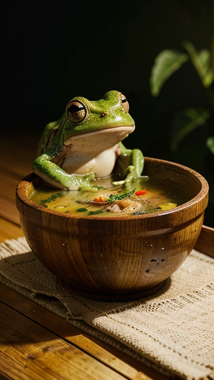 A frog eating soup,illustration,Practical,best quality,Super detailed,Bright colors,Warm lighting,Steamed Soup,Wooden spoon,Green skin,Flippers,Moist texture,Lovely.