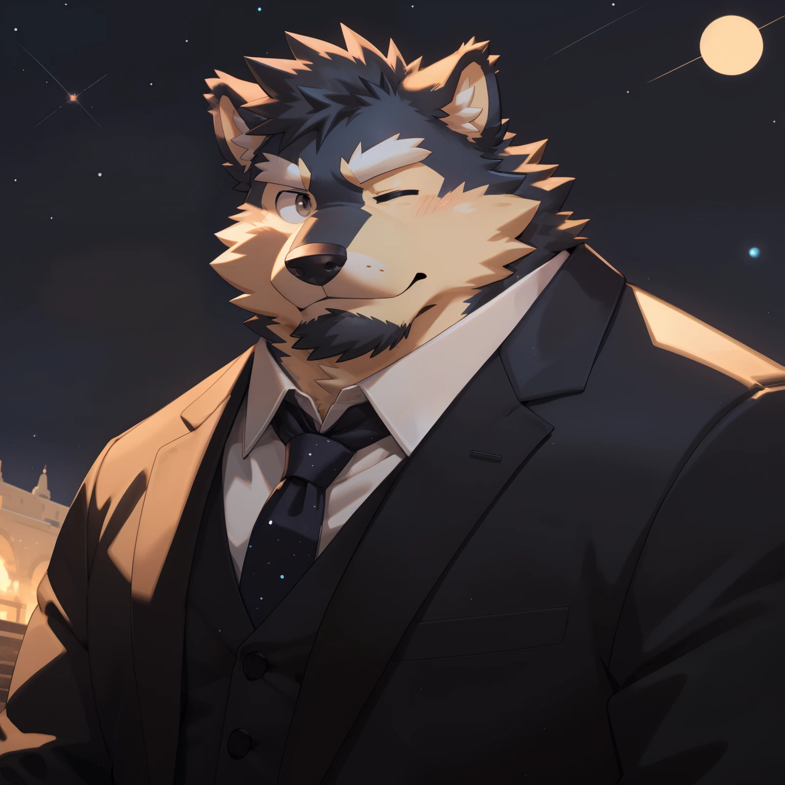 Scribble 德国牧羊dog face,Cute face,Humanity(dog),(Suit:1.3),Chubby,(white eyebrows:1.1),(With one eye closed:1.2),(perfect black eyes), Starry sky background,print style。(Artist:Takemoto Arashi)