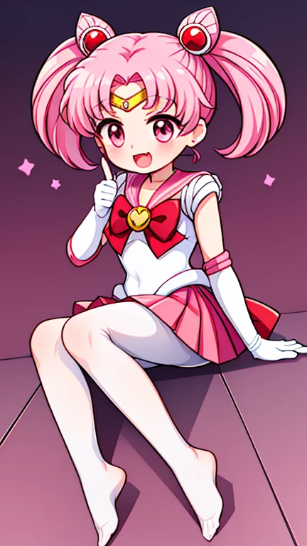 Sailor Moon,young年,Seven years old,cute,(Little Loli),Pink hair twintails,short hair,Sailor Suit,red bow,White elbow gloves,Red Skirt,no shoes,Open your mouth,laughing out loud,Fangs,(White pantyhose),soles of feet,Soles,(young),(The body is small and delicate),sit