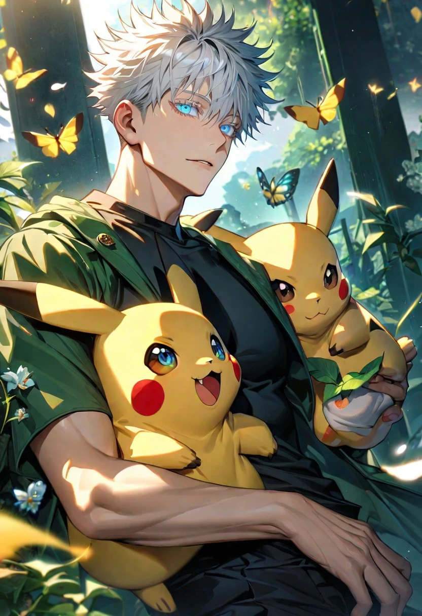 Ultra detailed, Highres, absurdres, HDR, Gojou Satoru, blue eyes, white hair with bangs, Jujutsu Kaisen, white eyelashes, green leaves, petals, butterflies, handsome, 1 man, holding a plushie of Pikachu, green long coat, black tight t-shirt, summer, black pants,