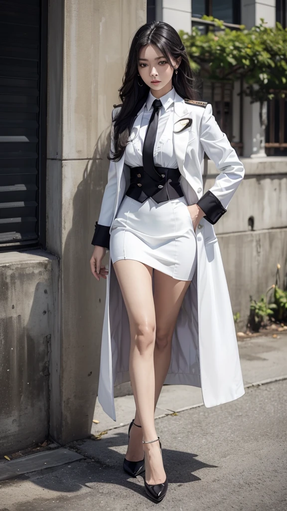 Beautiful girl with two meter long hair, long black hair, white dress, wearing a white women&#39;s suit, Single-Breasted Suit, Business Suit, skirt suit, short skirt suit, Wear a suit over the outside., (business suit), (business woman, ชุดbusiness suit, white skirt suit, Two button suit, pencil skirt, tight), (white women&#39;s suit), (white shirt), (Thai women&#39;s short black necktie), (Military rank insignia), (pencil skirtสั้นสีขาว), tight, (dynamic post), full body, (Huge breasts, thin body, small waist, hips raised, small thighs, Long legs), A gigantic rift, black high heels, pencil skirtสั้นสีขาว, สวมbusiness suit, business suit, military regalia, advanced military rank, สวมblack high heels, pencil skirt