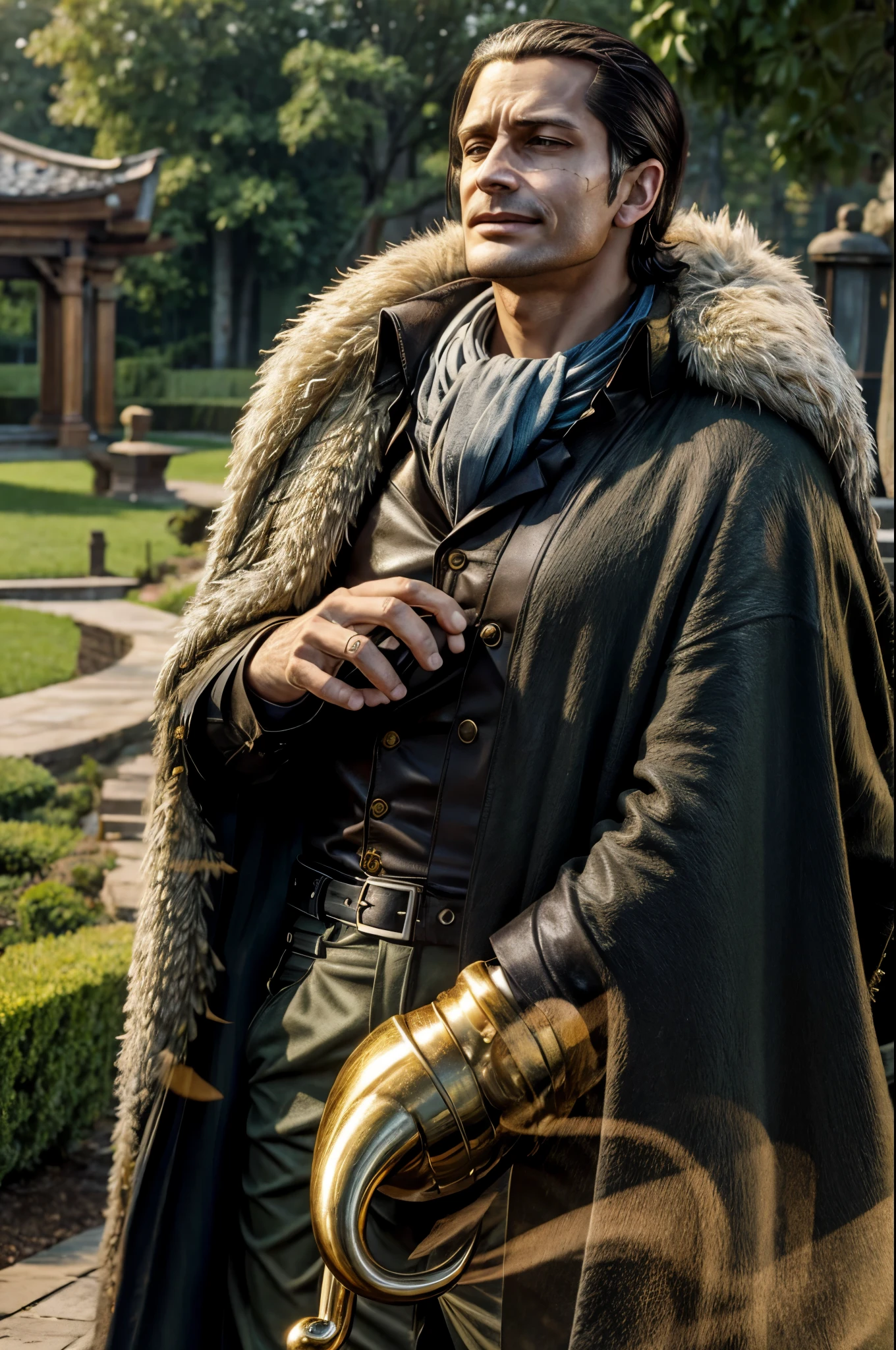 masterpiece, best quality, extremely detailed, hyperrealistic, photorealistic, a cool 40s man, ultra detailed face:1.2, fur-trimmed coat, scarf around the neck, his left hand is a golden pirate hook:1.1, distant view shot, garden:1.2, lots of plants, dynamic pose, cigar, sly smile, relaxed