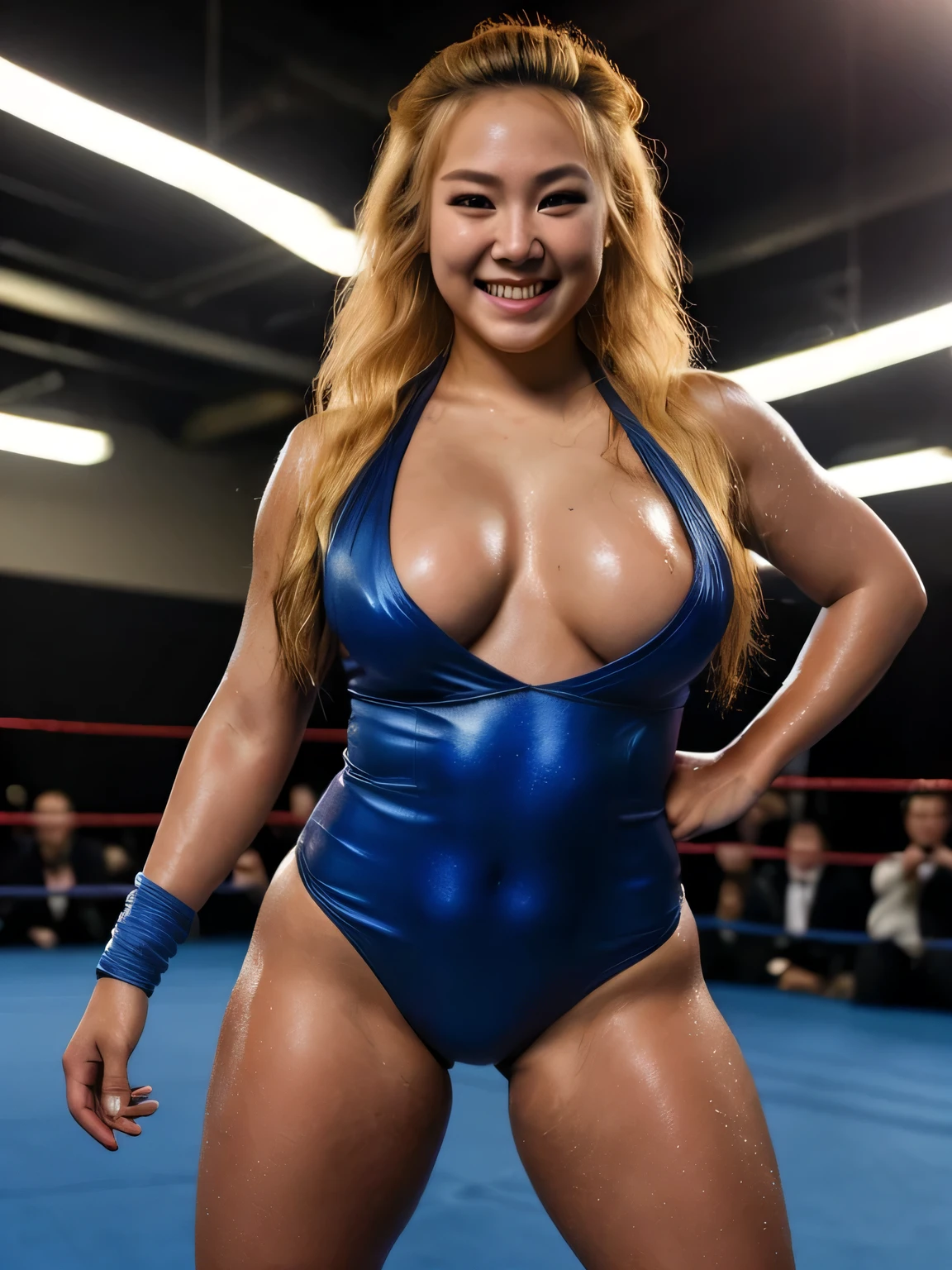 1 girl, beautiful 18 year blonde korean girl pro wrestler in neon colorful skintight suit standing in fight ring, (erotic pose writhing)++, smiling:0.1, (extremely bright volumetric lighting)+ spotlights flashes, (very large naked+ breasts)++, voluptuous (curvy body)+, smooth shiny sweaty+ wet+ skin, long flowing hair, award winning photograph+, ultra detailed, ultra realistic, masterpiece, 8k