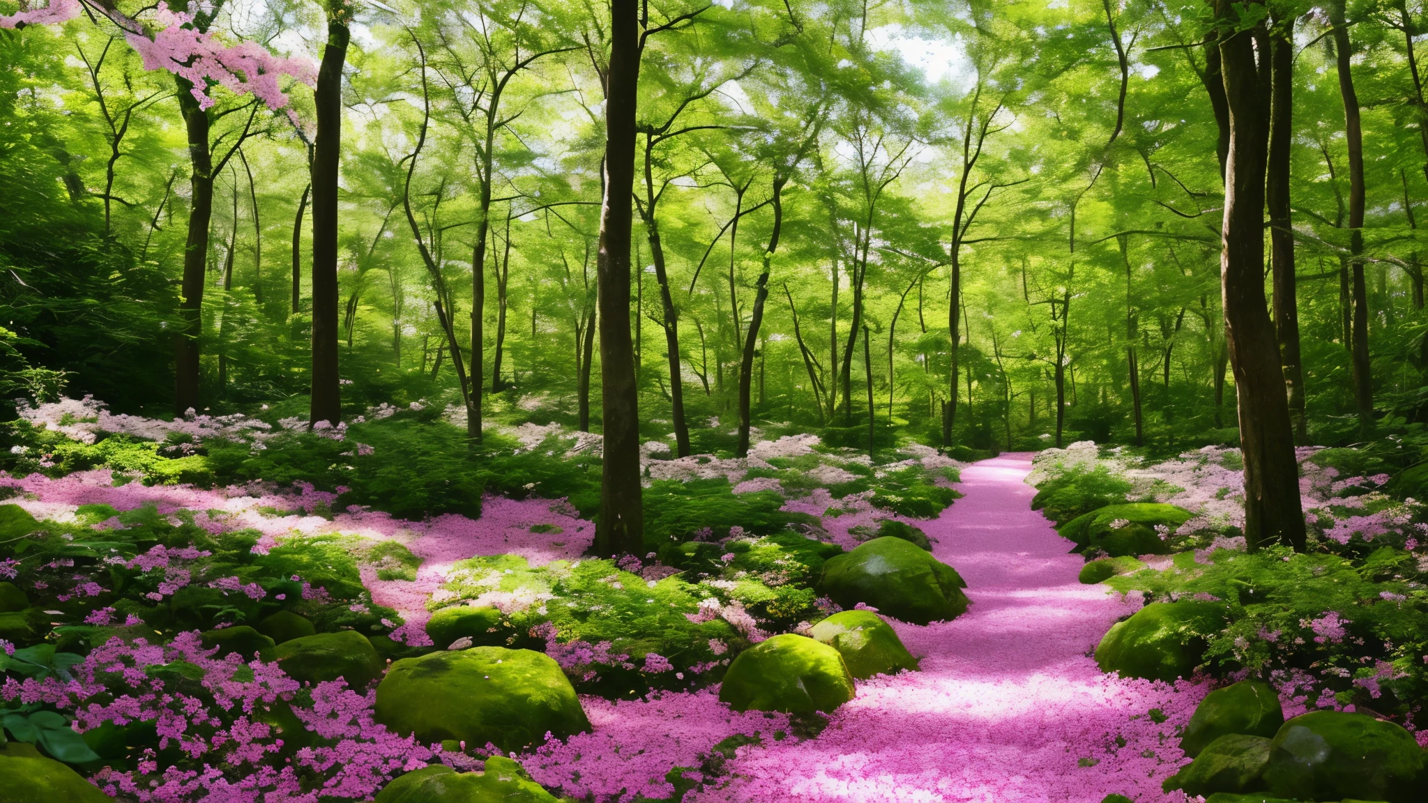 Amidst the revival of life, a captivating spring forest unfolds before the eyes, brimming with intricate detail and vibrant hues. Blossoms of cherry trees and magnolias paint the landscape in a soft palette of pink and white, intermingling with the lush greens of the emerging foliage.
The forest floor is blanketed in a delicate carpet of spring flowers, their petals gently kissed by the warm sunrays filtering through the canopy above. Sunlight streams in, casting long, dappled shadows that dance across the forest floor, enlivening every corner with a sense of wonder and magic.
Tiny, crystal-clear streams