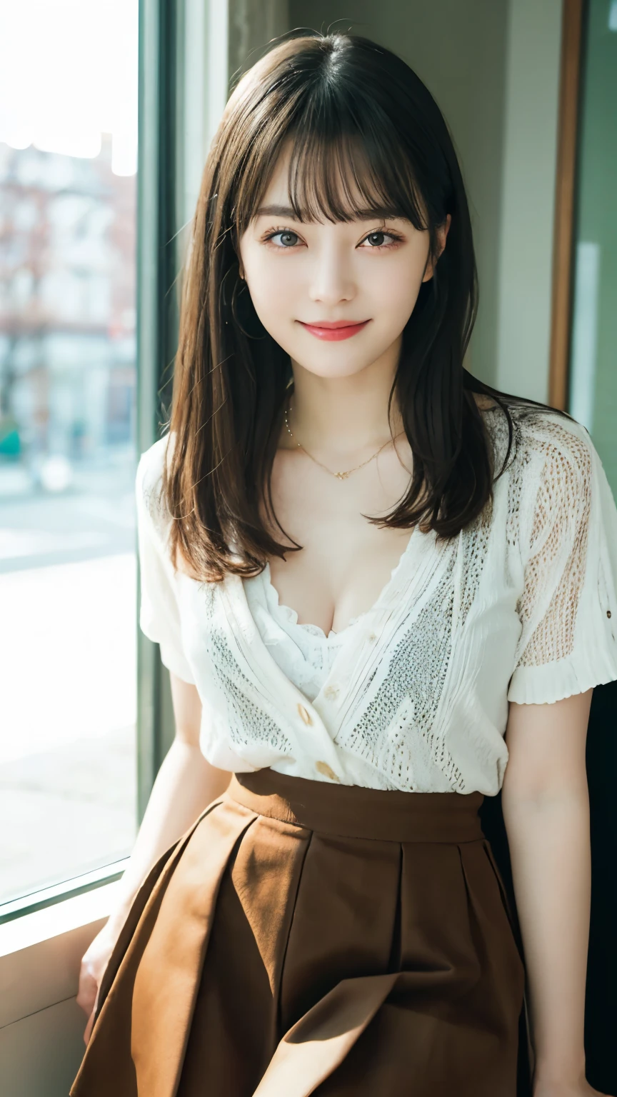 smile、night、Raw photo、(((ultimate beauty portrait)))、((Glowing Skin))、1 girl、Beautiful  girl from Prague、Bright expression、((Brown haired))、(Cleavage)、(flare skirt:1.5)、((Big eyes that shine like jewels))、Open cardigan、Open your clothes、pantyhose、Glossy skin、(Medium Hair)、(Silky ponytail hair)、(standing)、(From below)、Under the skirt、(下着をFrom belowクローズアップ)、eyeliner、Beautiful Bangs、Hair between the eyeasterpiece、最high quality、Ultra-detailed、Film Light、Intricate details、High resolution、Very detailed))、Detailed Background、8KUHD、Digital SLR、Soft Light、high quality、Film Grain、Fujifilm XT3 、Shallow depth of field、Natural soft light、Kamimei、Ample breasts