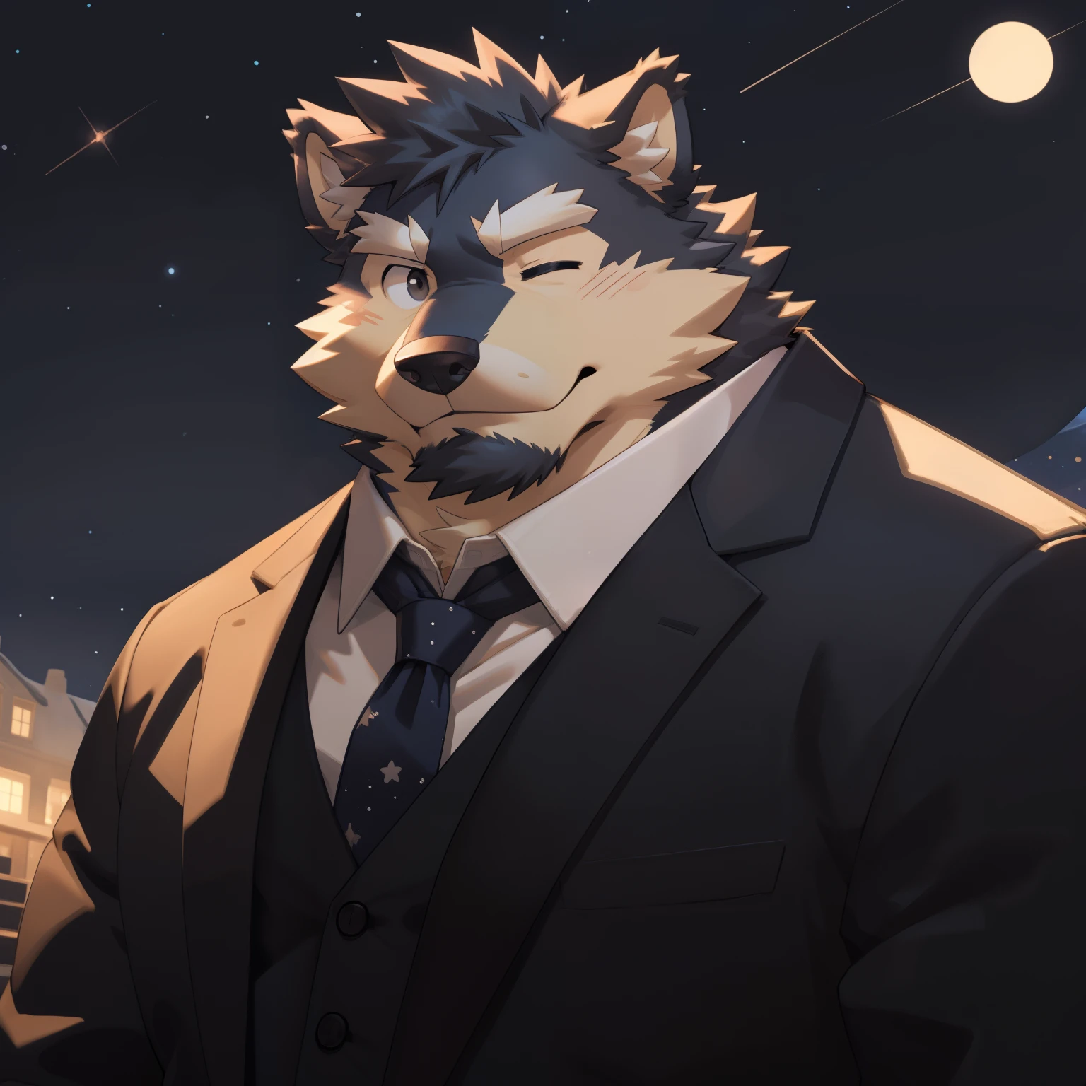 Scribble 德国牧羊dog face,Cute face,Humanity(dog),(Suit:1.3),Chubby,(white eyebrows:1.1),(With one eye closed:1.2),(perfect black eyes), Starry sky background,print style。(Artist:Takemoto Arashi)