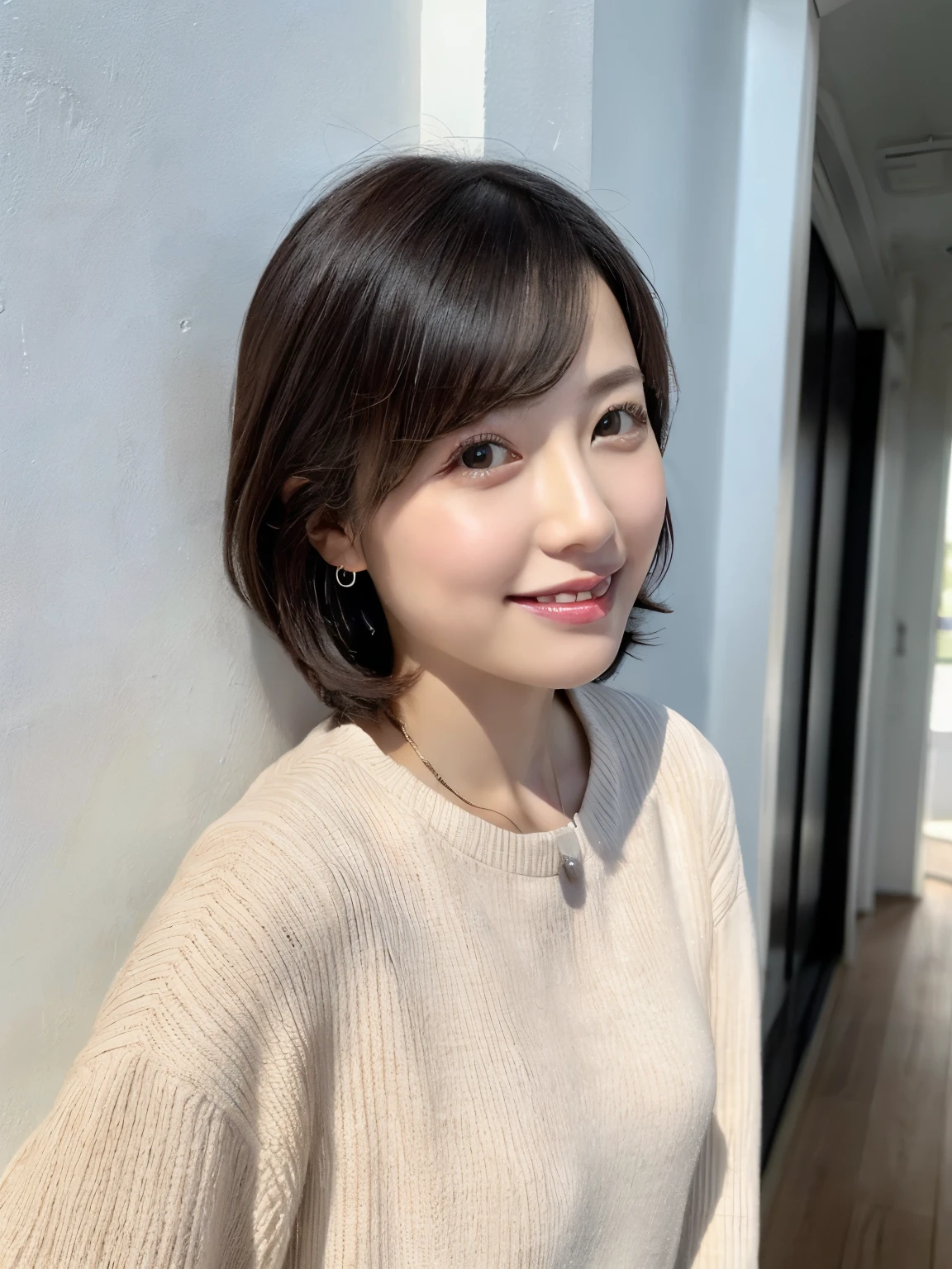 Long sleeve spring clothes、(White wall in the background、In front of the white door)、Tabletop、Don&#39;t look at the camera、((highest quality、8K、masterpiece:1.3))、Ultra-high resolution、(photoGenuineistic:1.4)、RAW Photos、Japanese,(More information)、Genuine、Photographed in natural light、Highly detailed face and skin texture、Highly detailed lips、The correct state of the human body、Medium Hair、Black Hair、Various poses、Natural color lip、Short Hair、Shortcuts、smile、avert your eyes、Look down、Look Down