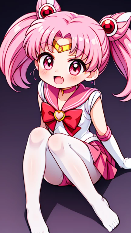 Sailor Moon，young年，，cute，（Little Loli），Pink hair twintails，short hair，Sailor Suit，red bow，White elbow gloves，Red Skirt，no shoes，Open your mouth，laughing out loud，Fangs，(White pantyhose),soles of feet，Soles，(young)，(The body is small and delicate)，sit