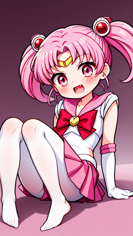 Sailor Moon，young年，，cute，（Little Loli），Pink hair twintails，short hair，Sailor Suit，red bow，White elbow gloves，Red Skirt，no shoes，Open your mouth，laughing out loud，Fangs，(White pantyhose),soles of feet，Soles，(young)，(The body is small and delicate)，sit