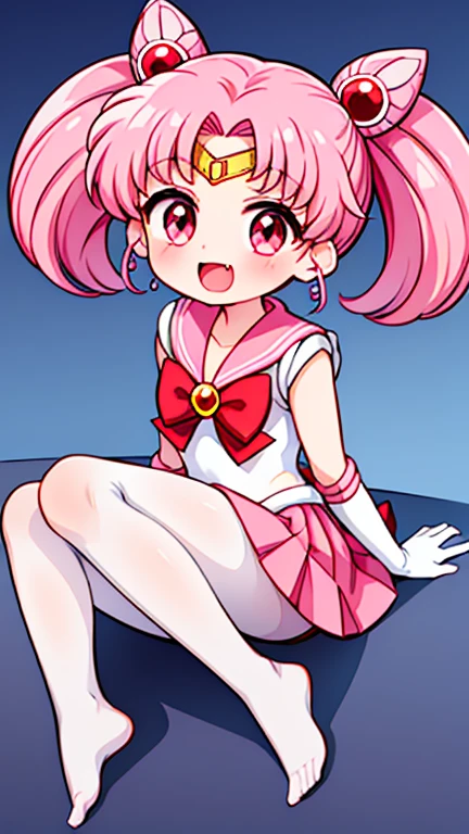 Sailor Moon,young年,Seven years old,cute,(Little ),Pink hair twintails,short hair,Sailor Suit,red bow,White elbow gloves,Red Skirt,no shoes,Open your mouth,laughing out loud,Fangs,(White pantyhose),soles of feet,Soles,(young),(The body is small and delicate),sit