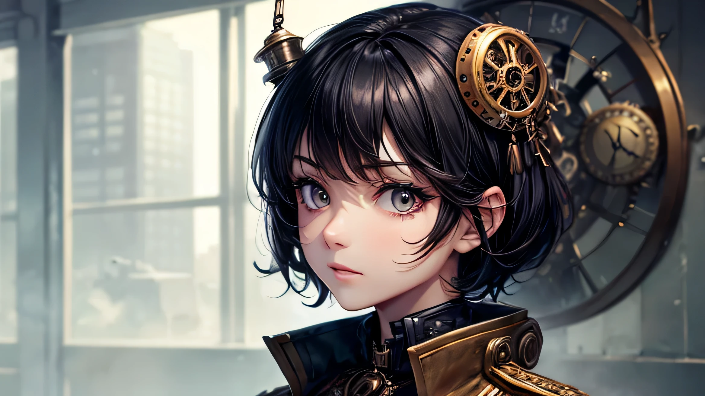 One Woman, Detailed facial description, Steampunk, Plump body, Steampunk military uniform, Short black hair, Fearless face, Steampunk scenery,