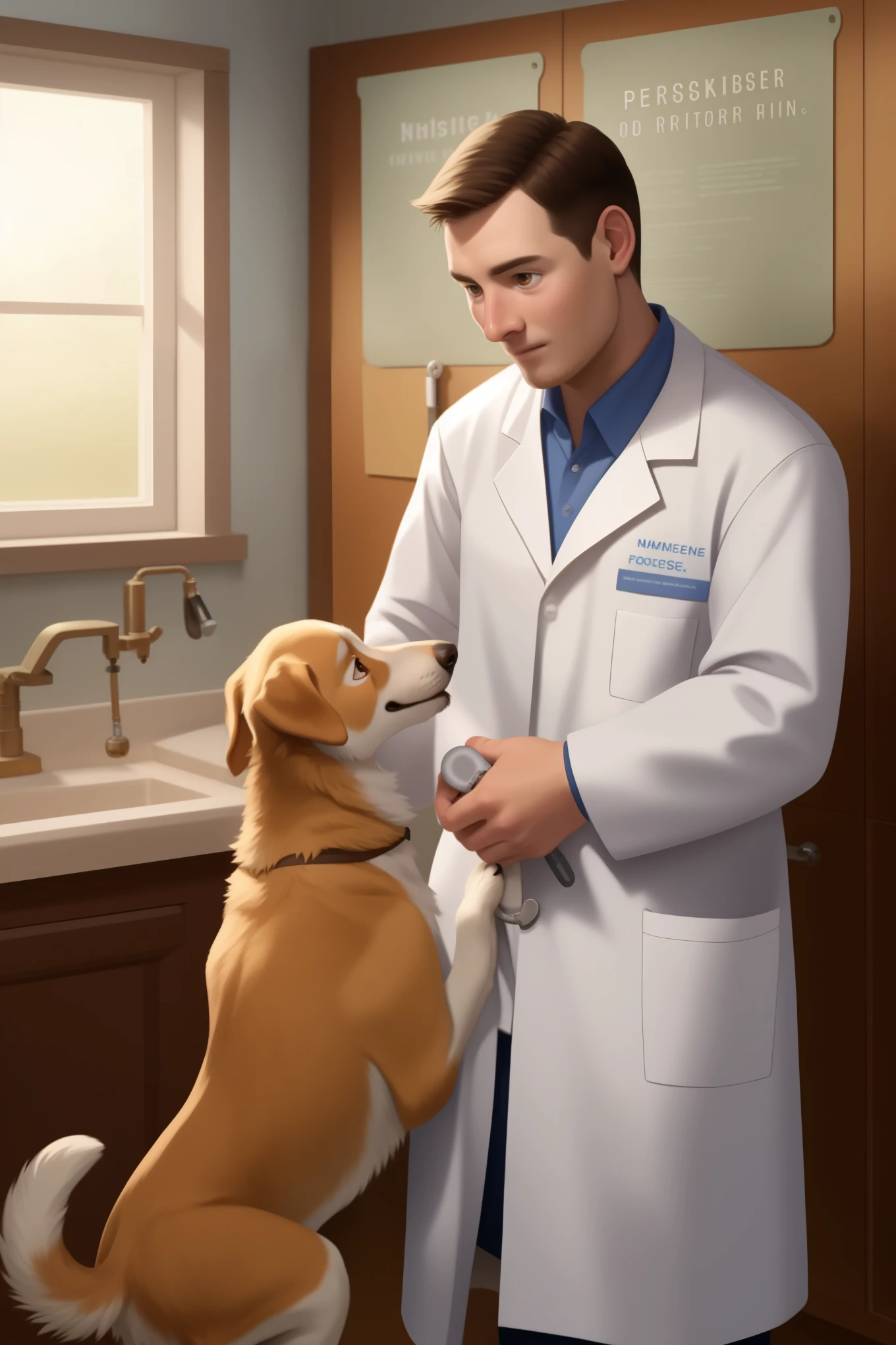 For World Veterinary Day, a captivating poster featuring the interaction between humans and animals is called for. No text is necessary, allowing the visual representation to convey the essence of this special day.
Behold a striking depiction of a compassionate veterinarian engaging with a grateful canine. The veterinarian, dressed in a pristine white coat, tenderly examines the dog's ear with a concerned expression etched on his face. The canine, with its velvety brown eyes and wagging tail, shows signs of trust and comfort in the veterinarian's care.
The scene unfolds in a warm, well-lit space, surrounded by the soothing elements of nature