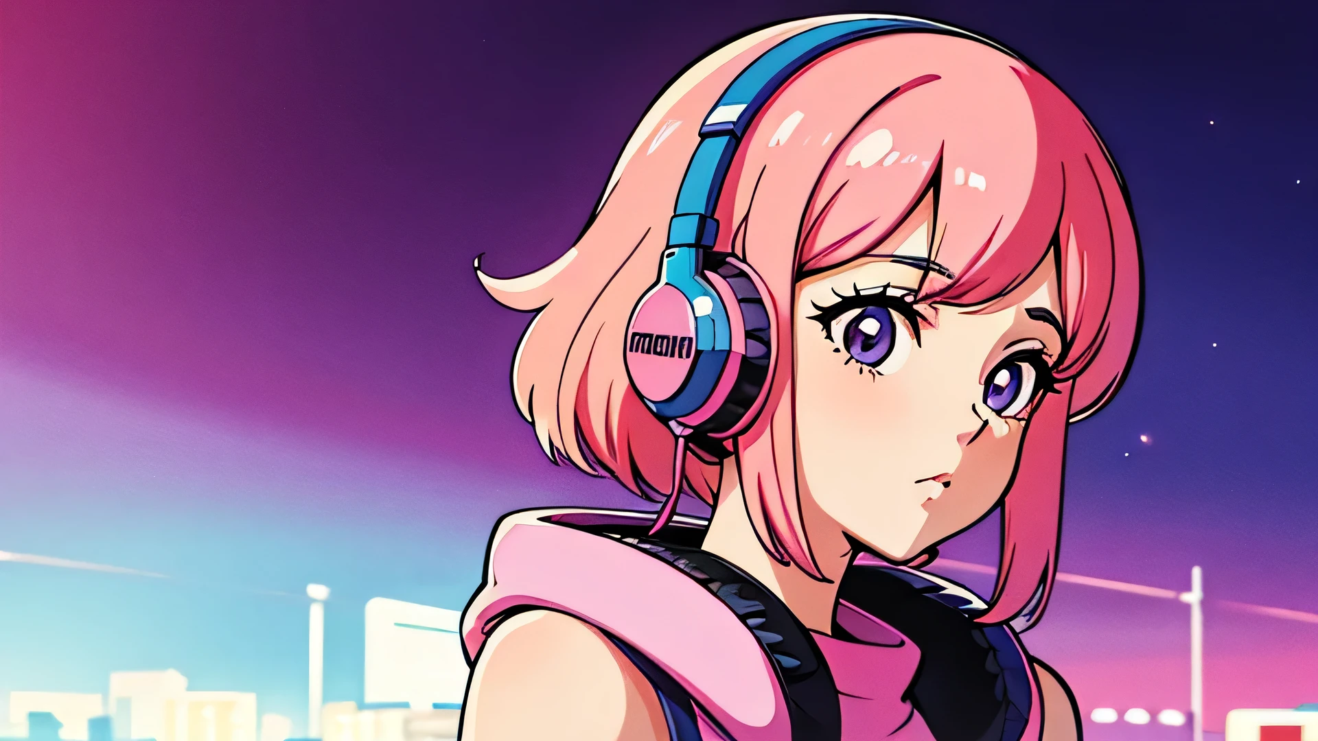 City Pop style, girl, Pink Hair, shoulder length, alone, wearing headphones, city pop style art, Futuristic yet lofi, retro, vintage, Ghost,
