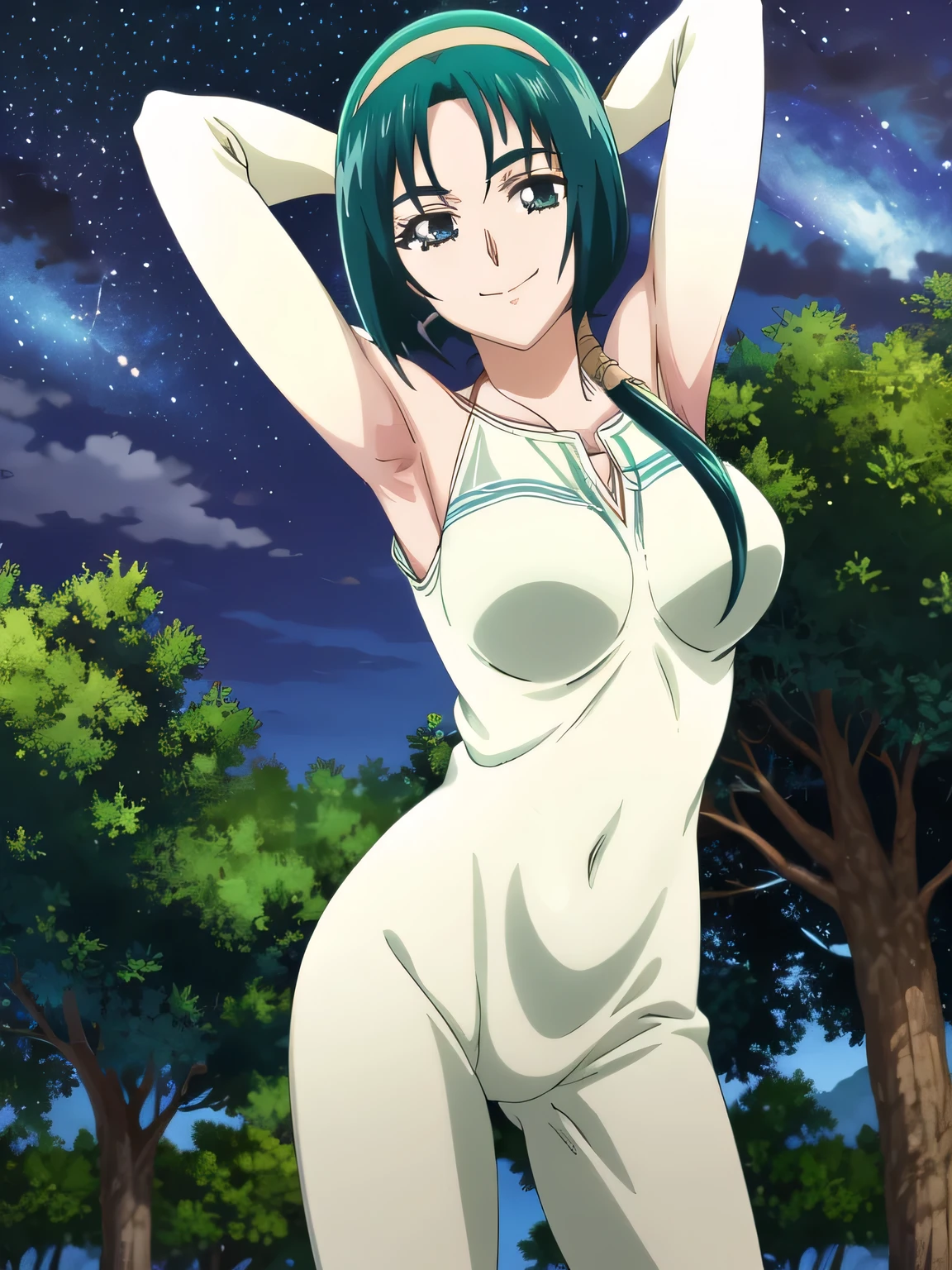 akimotokomachi, 1girl, solo, hairband, anime coloring, solo, night sky, forest, arms behind head, contrapposto, spread armpits, closed mouth, smile, (cowboy shot:1.5), looking at viewer, ponytail, shirt, anime coloring,