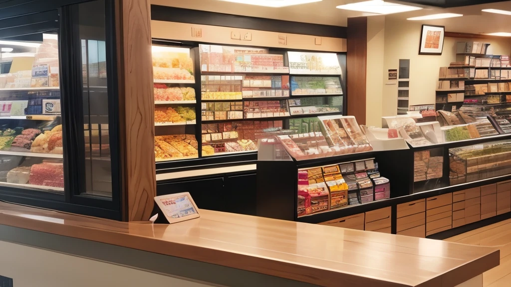 masterpiece,The store has a storefront displaying food products., convenience store, counter, by Yokoyama Taikan, food court, at the counter, Shogakukan, stall, by Nakahara Nantenbō, omina tachibana, celestial beings, Cafe, japanese akihabara Cafe, Japanese High School,Anime illustration background