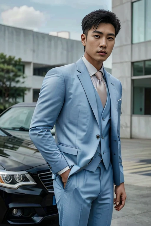 arafficial asian man in a suit and tie standing in front of a car, wearing a light blue suit, Handsome chad chin, Mr. Jia, Inspired by Lee Joong-geun, Handsome man, wearing suit, Xiaorong, suit, in a suit, Roth Tan, blue suit, Handsome, well dressed, wearing fashion suit, steve zheng