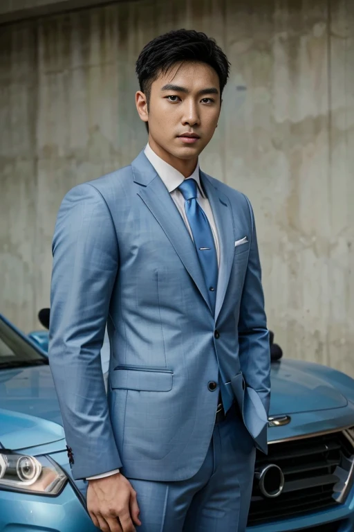 arafficial asian man in a suit and tie standing in front of a car, wearing a light blue suit, Handsome chad chin, Mr. Jia, Inspired by Lee Joong-geun, Handsome man, wearing suit, Xiaorong, suit, in a suit, Roth Tan, blue suit, Handsome, well dressed, wearing fashion suit, steve zheng