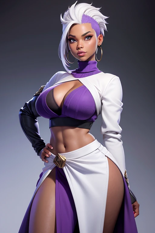 Nia Long as ororo munroe black skin, punk white mohawk hair , blue eyes, big breasts, ethnic purple long skirt!, cotton beige sweater with a large cleavage and exposed shoulders,  covered navel, cropped legs, cotton, black skin, front view!, purple long skirt, white background, realistic colors, front view, light coming from the right, 8K image quality, Masterpiece