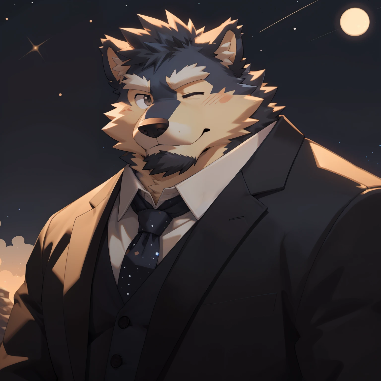Scribble 德国牧羊dog face,Cute face,Humanity(dog),(Suit:1.3),Chubby,(white eyebrows:1.1),(With one eye closed:1.2),(perfect black eyes), Starry sky background,print style。(Artist:Takemoto Arashi)