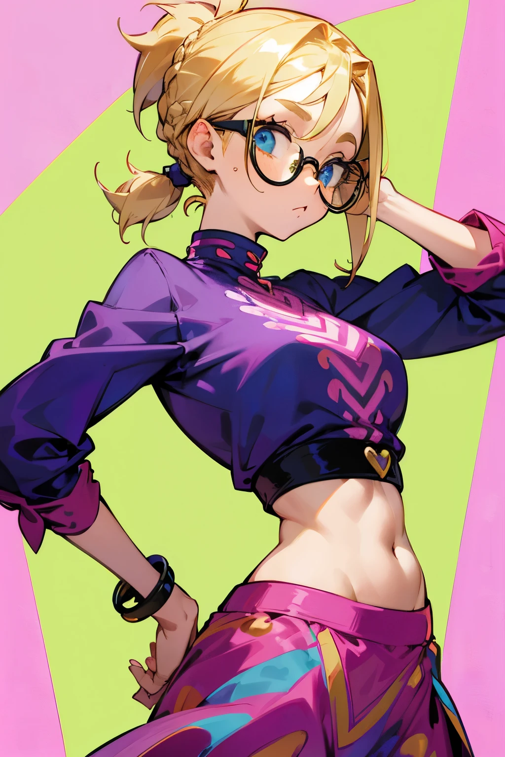 Cute girl alone, thin, tan, slender frame, blonde hair, short hair, ponytail, very short hair, braided strand in ponytail, freckles, glasses, jojos bizzare adventure outfit, colorful outfit, intricate outfit, two piece outfit, skirt