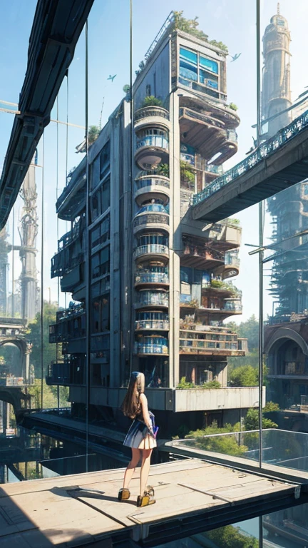 Paolo Soleri, Lebbeus Woods, Surreal, mysterious, strange, fantastical, fantasy, Sci-fi, Japanese anime, transparent house, glass architecture, blueprints, perspective and cross-sectional views, beautiful high school girl in miniskirt, solo girl, perfect voluminous body, detailed masterpiece hand colour drawings hyper realistic sharp focus real