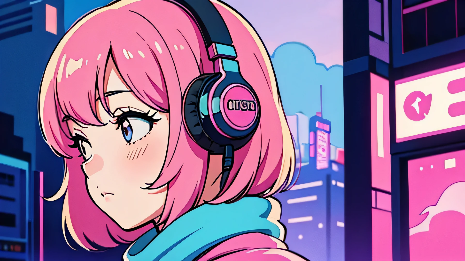 City Pop style, girl, Pink Hair, shoulder length, alone, wearing headphones, city pop style art, Futuristic yet lofi, retro, vintage, Ghost,
