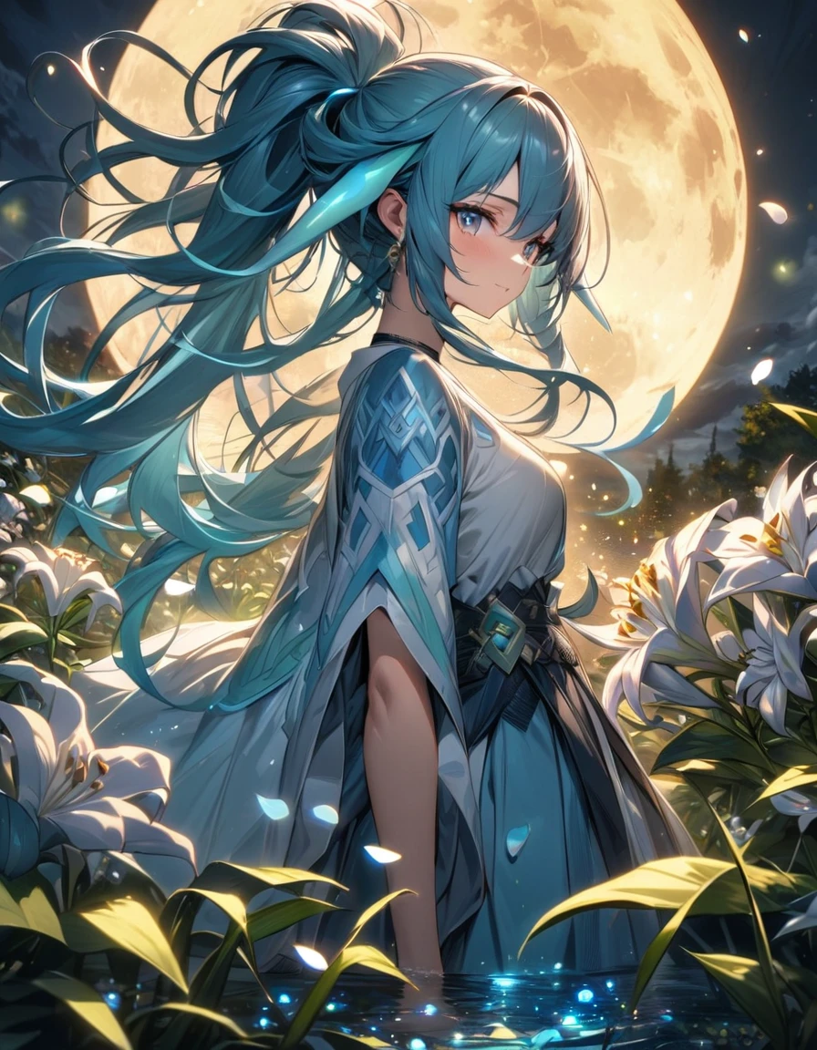 absurdres, highres, ultra detailed, HDR, master piece, best quality, Suicune, Pokemon, petals, white lilies, moon, fireflies