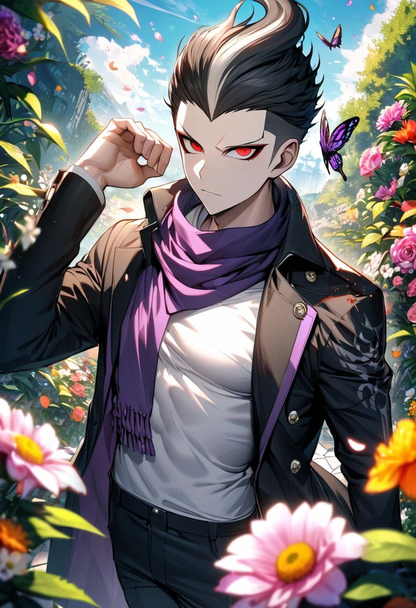 Ultra detailed, Highres, absurdres, HDR, Tanaka Gundham, red eyes, black hair, Danganronpa, green leaves, petals, flowers, butterflies, handsome, 1 man, black long coat, white tight t-shirt, summer, black pants, purple scarf
