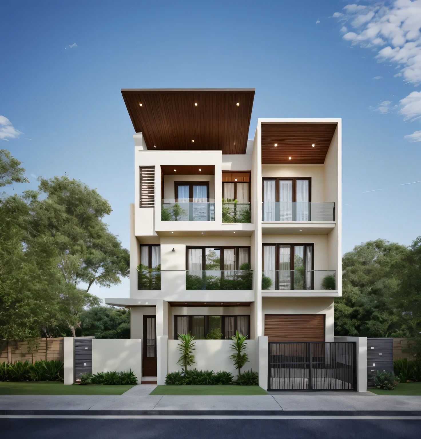 Exterior of house, mordern material decorations, (canopy in front of house:1.4), (a road in front of house:1.3), tree, sky, cloud, morning weather.