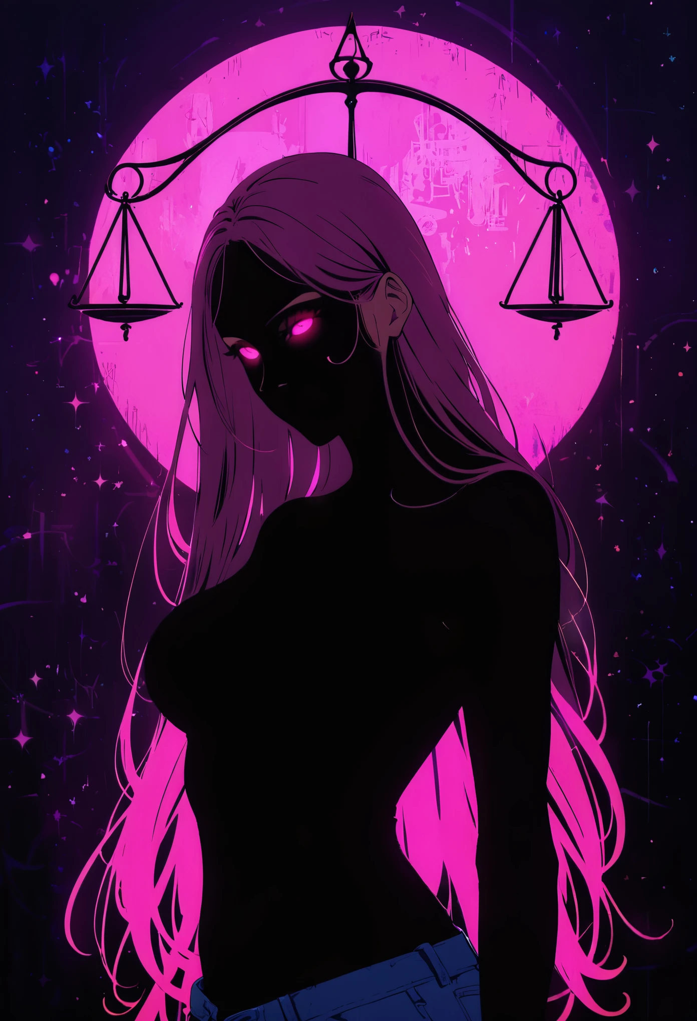 (Portrait of a mysterious  Libra:3.0)，indoor，Fluorescent illumination， (((Darkness shrouded, black background, shadow, extreme darkness, Dark atmosphere：1.8))),，Wall background，black background，silhouette，shadow，extreme darkness，Minimalist graffiti style background，Fluorescent pink eye graffiti，Dark atmosphere，cowboy shot,1girl,(shortest Short shirt cutting1.8)，huge Breast，underboob，blurred background，Blurred foreground，Pink fluorescent hair，Fluorescent pink eyes，Hand raised and touching hair，long hair，Messy hair，Low rise denim shorts，Over-the-knee boots，pink eye shadow，Ruined eyeshadow，Poker face