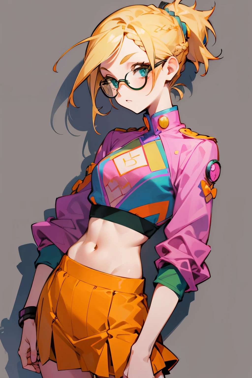 Cute girl alone, thin, tan, slender frame, blonde hair, short hair, ponytail, very short hair, braided strand in ponytail, freckles, glasses, jojos bizzare adventure outfit, colorful outfit, intricate outfit, two piece outfit, skirt, blue, orange, green