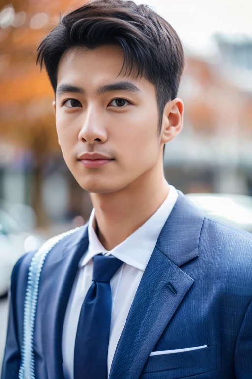 (One wearing a full light blue striped suit、White shirt、Tie、About 25 years old、Japanese men with a height of 180 cm)、((Fair and translucent facial skin))(( Facial light is soft and natural))best quality、masterpiece、Ultra-high resolution、(Photo realism:1.4)、original photo、(戶外街道上One wearing a full light blue striped suit、White shirt、Tie的年輕Handsome日本男人、Standing under the red maple tree、Red and big maple leaves、delicate leaves、branch details)、(There is a white BMW car next to the man、Man's hands on car roof) 、Octane Rendering、8K、Super sharp、realistic light、(There is only one white BMW car on the street、The man's shining eyes look directly in the direction of the camera)、LED、Ultra high quality、High、gentleman、very beautiful hair、bright photos、As handsome as a model、As handsome as an idol,Professional profile photo, Professional portrait photos、Realistic portrait photos, Detailed color portrait, Portrait of an idol, High quality portrait.arafficial asian man in a suit and tie standing in front of a car, wearing a light blue suit, Handsome chad chin, Mr. Jia, Inspired by Lee Joong-geun, Handsome man, wearing suit, Xiaorong, suit, in a suit, Roth Tan, blue suit, Handsome, well dressed, wearing fashion suit, steve zheng