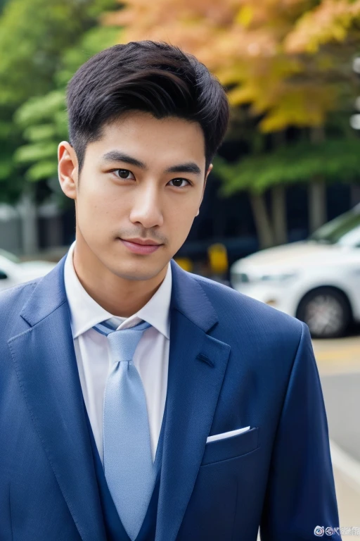 (One wearing a full light blue striped suit、White shirt、Tie、About 25 years old、Japanese men with a height of 180 cm)、((Fair and translucent facial skin))(( Facial light is soft and natural))best quality、masterpiece、Ultra-high resolution、(Photo realism:1.4)、original photo、(戶外街道上One wearing a full light blue striped suit、White shirt、Tie的年輕Handsome日本男人、Standing under the red maple tree、Red and big maple leaves、delicate leaves、branch details)、(There is a white BMW car next to the man、Man's hands on car roof) 、Octane Rendering、8K、Super sharp、realistic light、(There is only one white BMW car on the street、The man's shining eyes look directly in the direction of the camera)、LED、Ultra high quality、High、gentleman、very beautiful hair、bright photos、As handsome as a model、As handsome as an idol,Professional profile photo, Professional portrait photos、Realistic portrait photos, Detailed color portrait, Portrait of an idol, High quality portrait.arafficial asian man in a suit and tie standing in front of a car, wearing a light blue suit, Handsome chad chin, Mr. Jia, Inspired by Lee Joong-geun, Handsome man, wearing suit, Xiaorong, suit, in a suit, Roth Tan, blue suit, Handsome, well dressed, wearing fashion suit, steve zheng