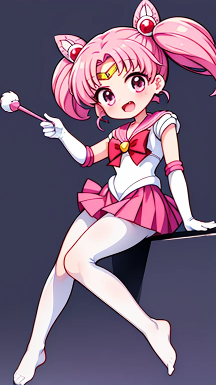 Sailor Moon,young年,Seven years old,cute,(Little ),Pink hair twintails,short hair,Sailor Suit,red bow,White elbow gloves,Red Skirt,no shoes,Open your mouth,laughing out loud,Fangs,(Thickened cotton white pantyhose),soles of feet,Soles,(young),(The body is small and delicate),sit