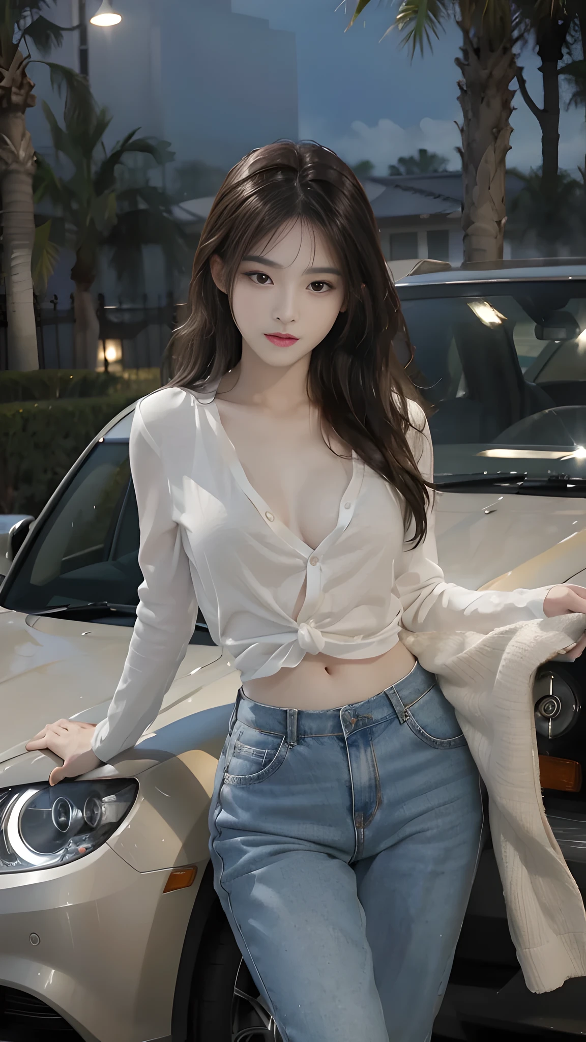 4K refined facial features,Korean girl in the car,Shorts,shorter pants,Sit in different places,Spread your legs,cleavage