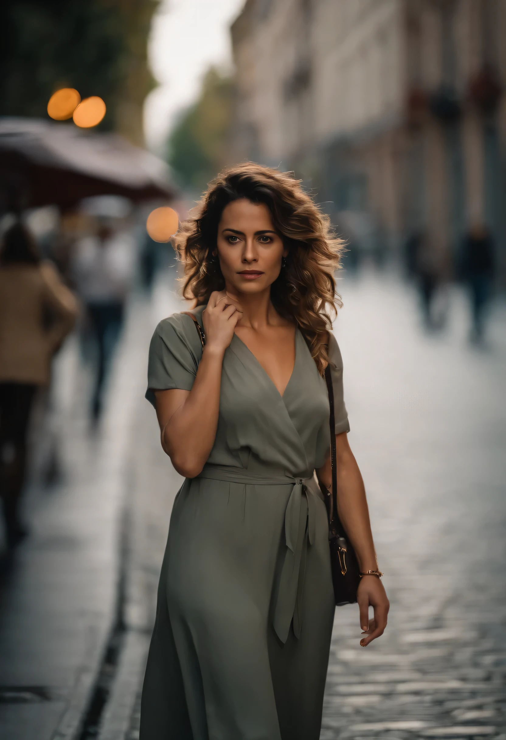 mulher de 26 anos, delicada, cabelos ondulados. She's walking on a busy sidewalk. She's wearing out of place clothes and listening. (Cena:rua movimentada)
