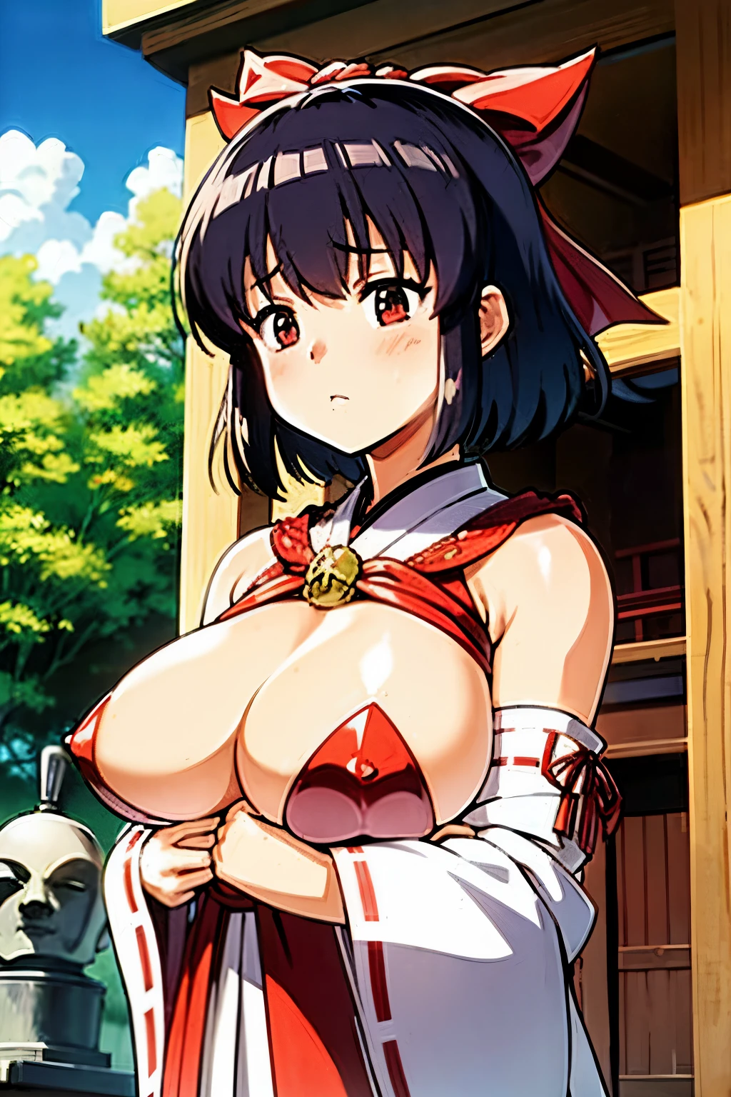 woman、Shrine maiden、Perfect body、Perfect hands、武者Shrine maidenトモエ、She has big breasts、Shrine maiden服、Shoulders are out、Black Hair、Short Hair、Shrine maidenが刀を構えている、Her face is cute、Shrine maidenが男に捕まっている